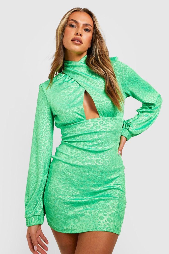 Womens Leopard Jacquard Slinky Mini Dress - Green - 12, Green