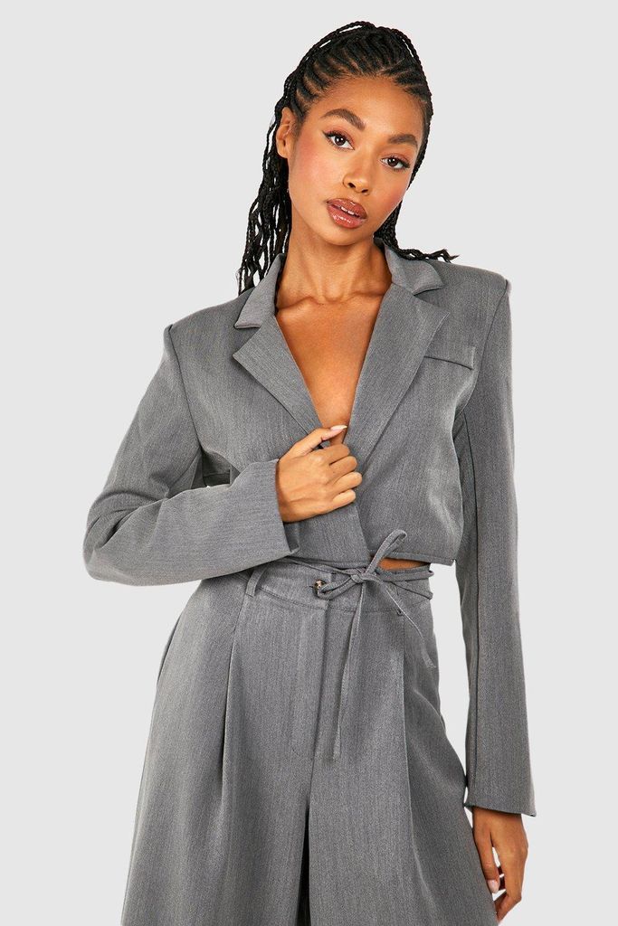 Womens Marl Tie Waist Pocket Detail Crop Blazer - Grey - 6, Grey
