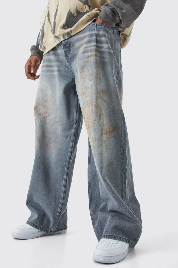 Men's Plus Baggy Rigid Dirty Wash Jeans - Grey - 38, Grey
