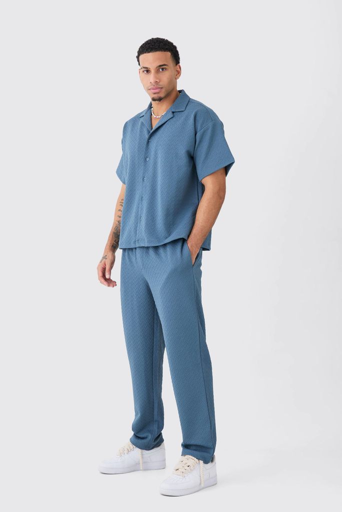Men's Short Sleeve Boxy Line Stretch Shirt & Trouser - Blue - S, Blue