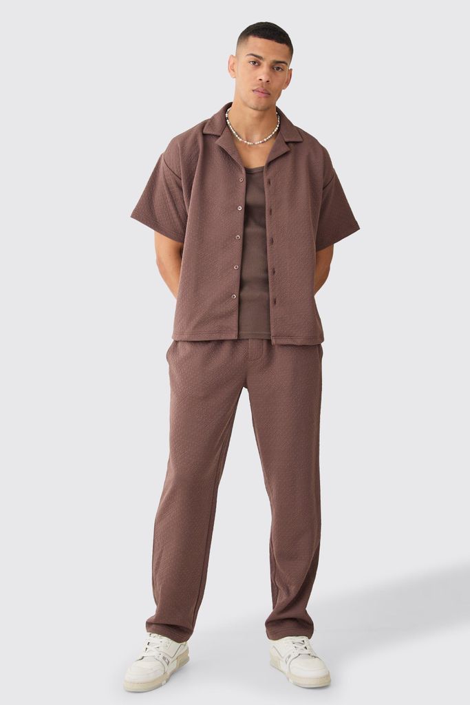 Men's Short Sleeve Boxy Textured Stretch Shirt & Trouser - Brown - S, Brown