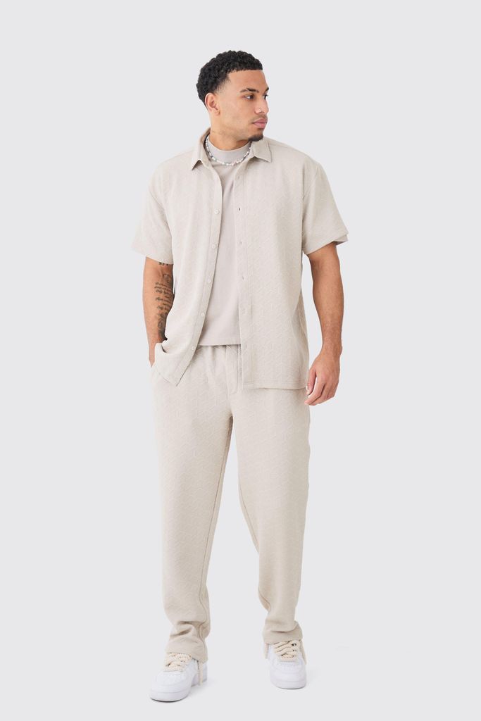 Men's Short Sleeve Oversized Diamond Stretch Shirt & Trouser - Beige - S, Beige