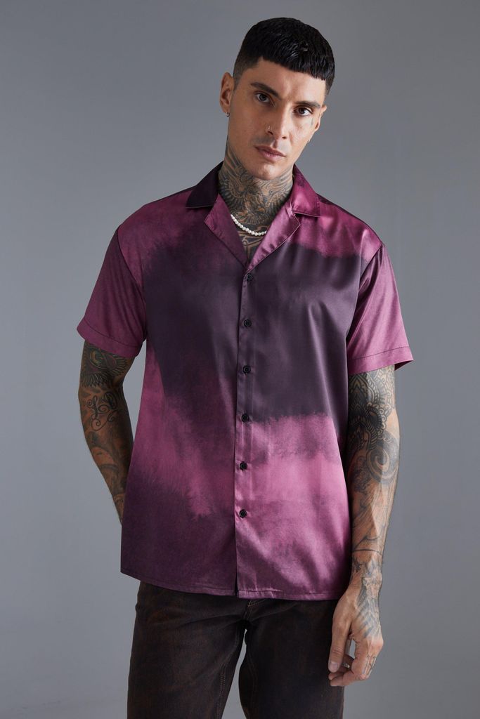 Men's Short Sleeve Oversized Ombre Satin Shirt - Purple - S, Purple
