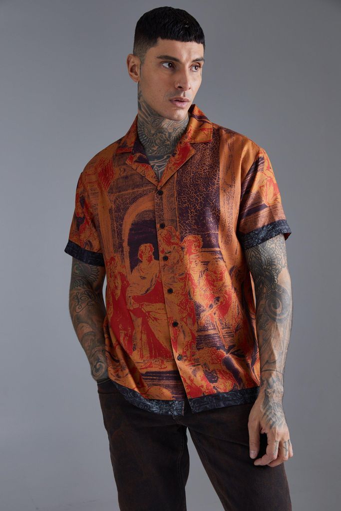 Men's Short Sleeve Oversized Slub Painting Shirt - Orange - L, Orange