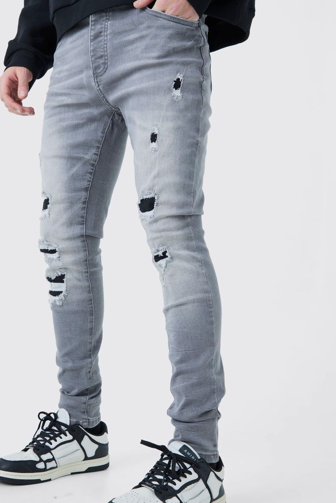 Men's Skinny Stretch Ripped Jeans In Ice Grey - 28R, Grey