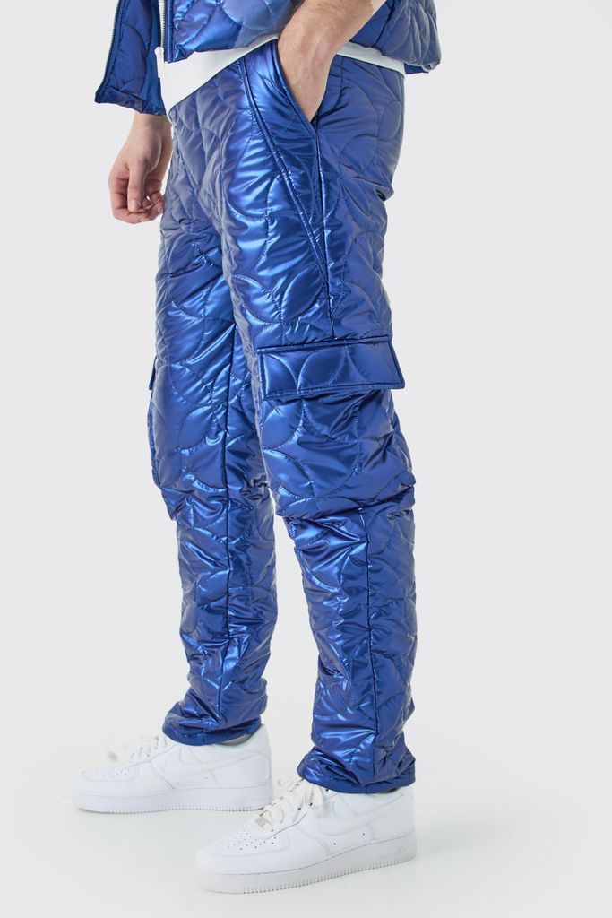 Men's Tall Elasticated Waist Metallic Quilted Cargo Trousers - Blue - 30, Blue