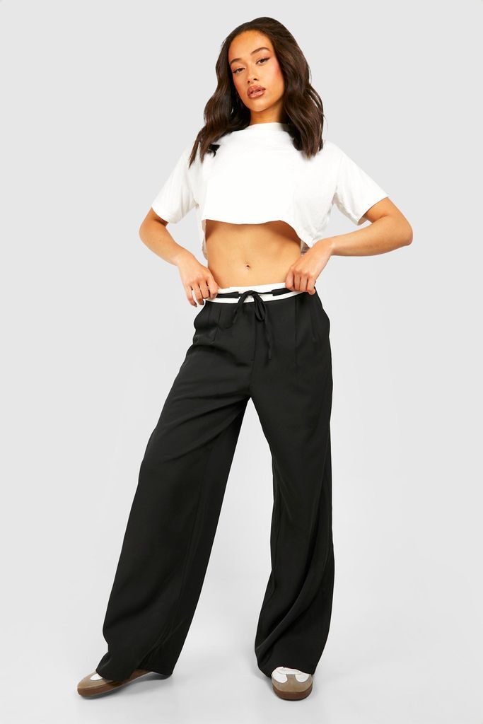 Womens Contrast Tie Waist Fluid Wide Leg Trousers - Black - 6, Black