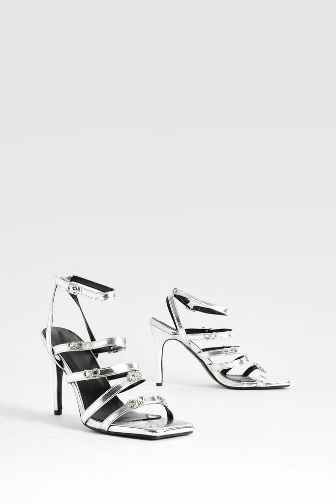 Womens Diamante Bow Detail Multi Strap Heels - Grey - 3, Grey