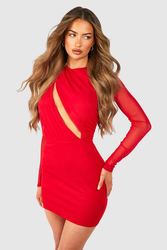 Womens Mesh Cut Out Ruched Mini Dress - Red - 8, Red