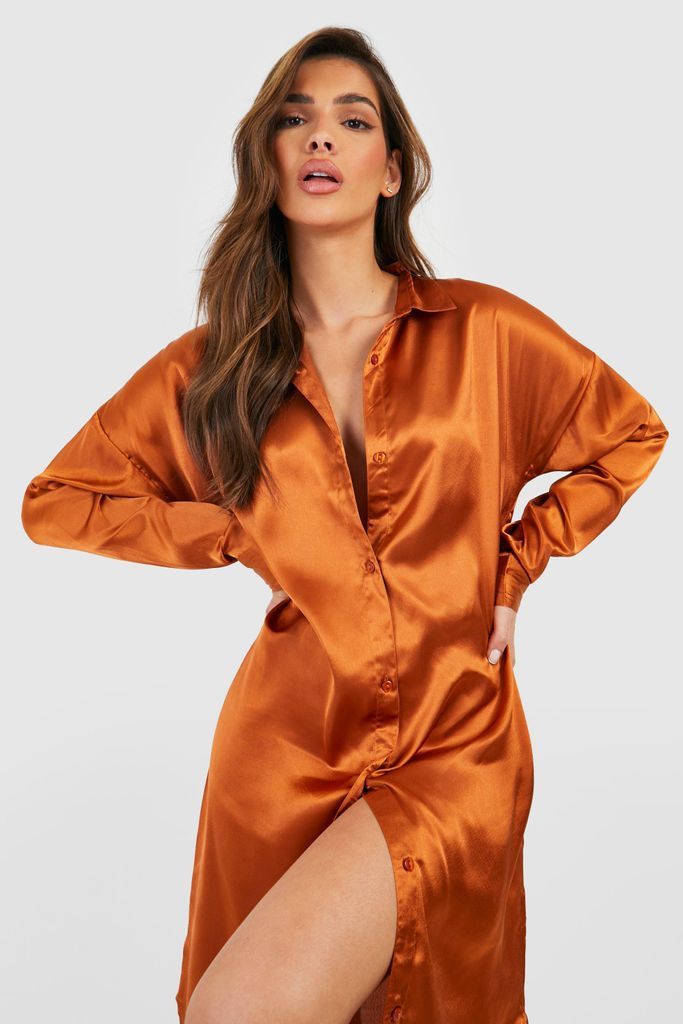 Womens Satin Midi Shirt Dress - Orange - 8, Orange