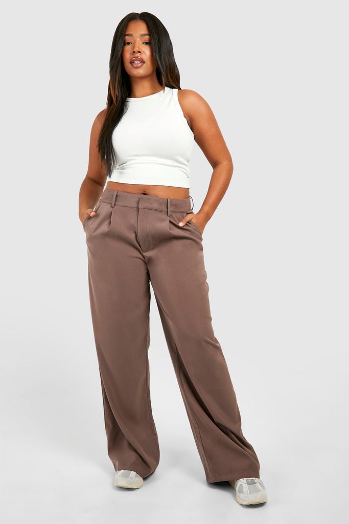 Womens Plus Pleat Front Wide Leg Tailored Trousers - Brown - 16, Brown