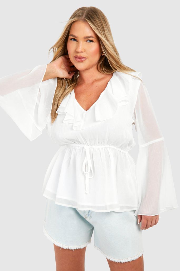 Womens Plus Ruffle Front Flare Sleeve Smock Top - White - 16, White
