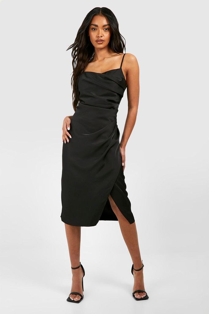 Womens Satin Drape Front Midaxi Slip Dress - Black - 8, Black