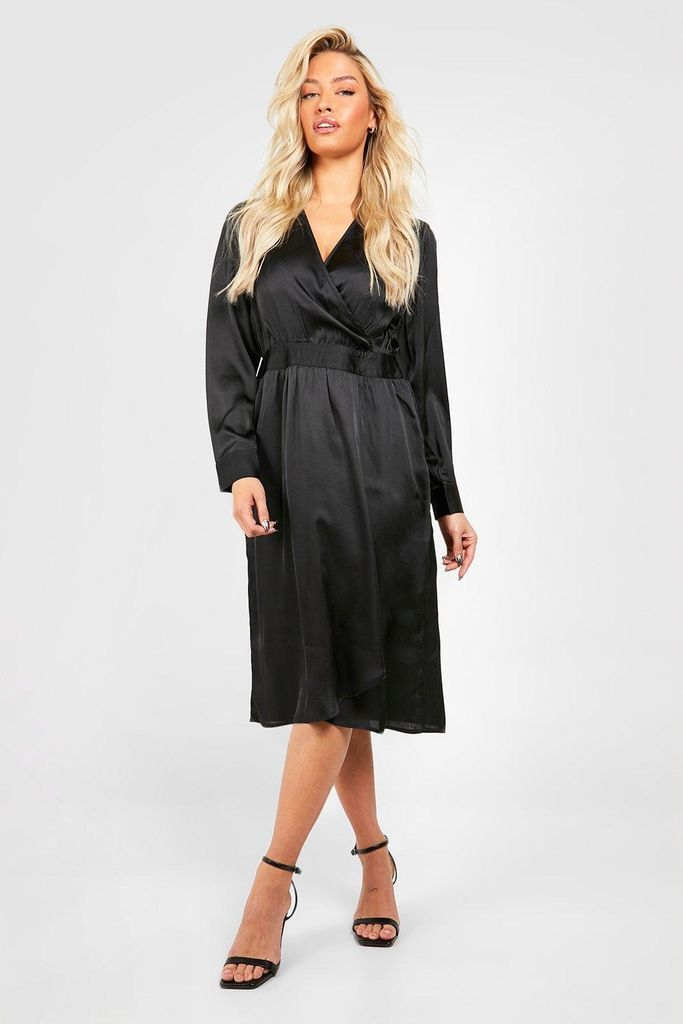 Womens Satin Wrap Midi Dress - Black - 8, Black