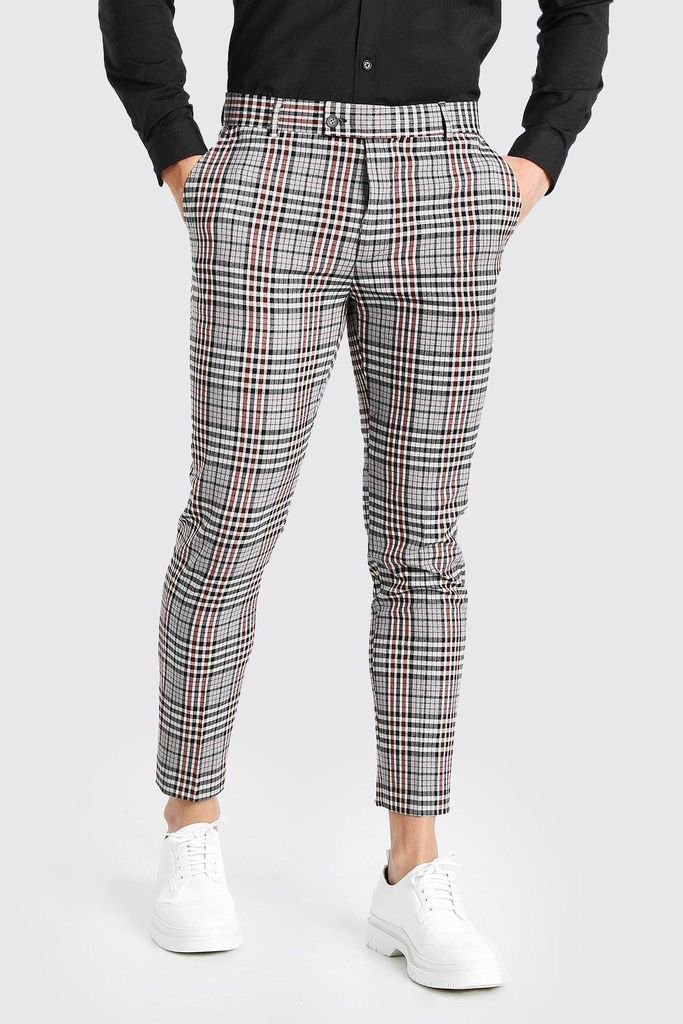 Men's Skinny Fit Grey Check Cropped Suit Trousers - 28, Grey