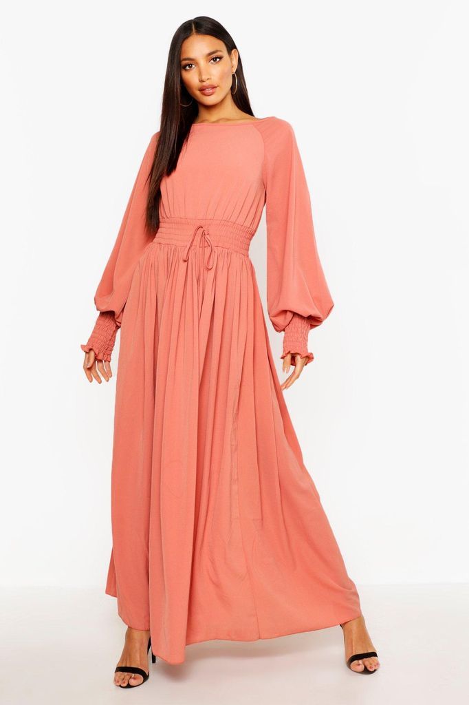 Womens Shirred Waist & Cuff Woven Maxi Dress - Pink - 8, Pink