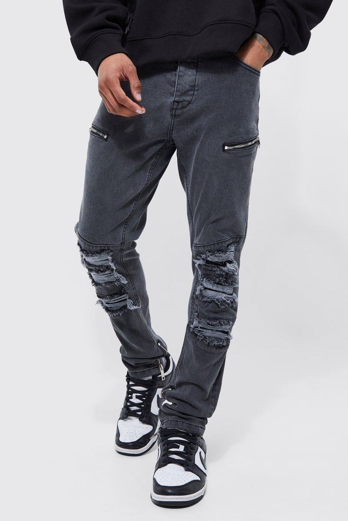 Men's Skinny Stretch Ripped Biker Jeans - Grey - 32R, Grey
