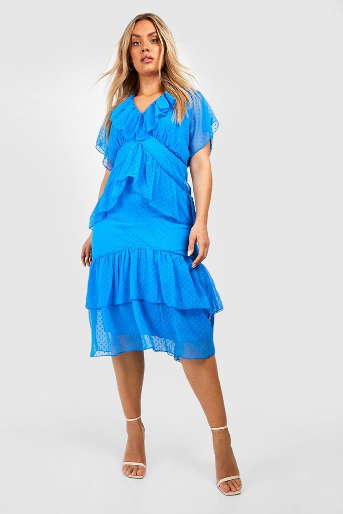 Womens Plus Dobby Mesh Frill Detail Midi Dress - Blue - 28, Blue
