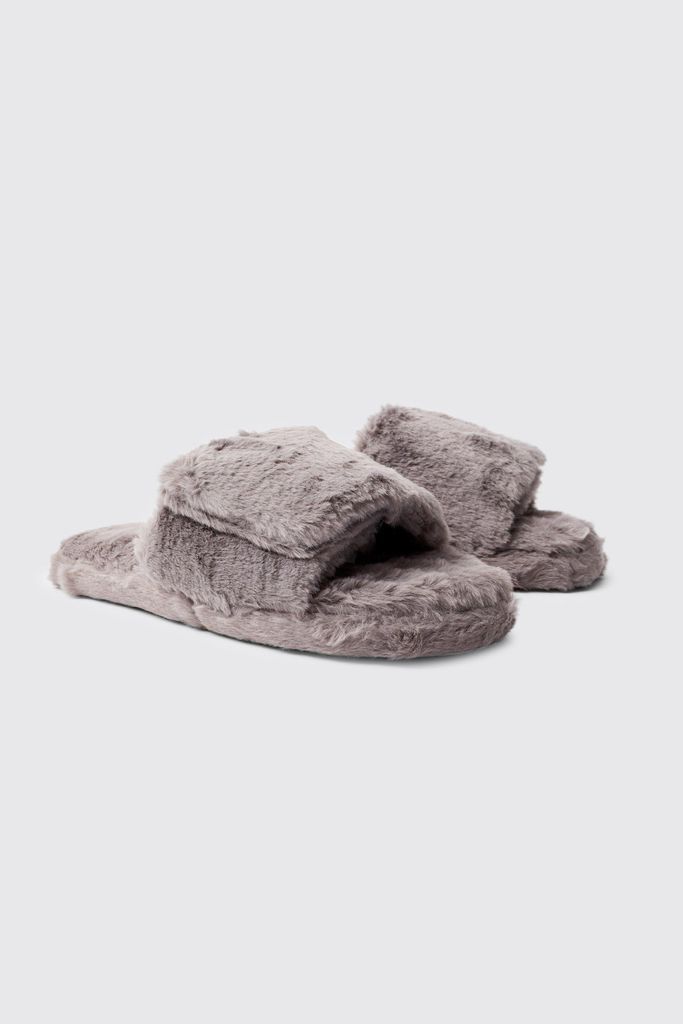 Men's Open Toe Faux Fur Slippers - Grey - 9, Grey