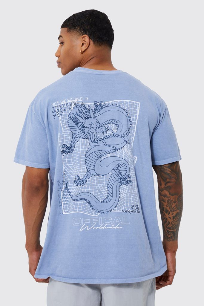 Men's Oversized Washed Dragon Graphic T-Shirt - Blue - S, Blue