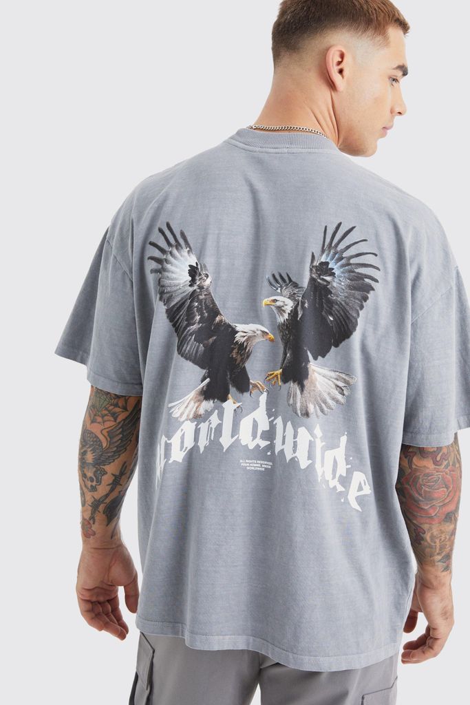 Men's Washed Oversized Extended Neck Eagle Graphic T-Shirt - Grey - S, Grey