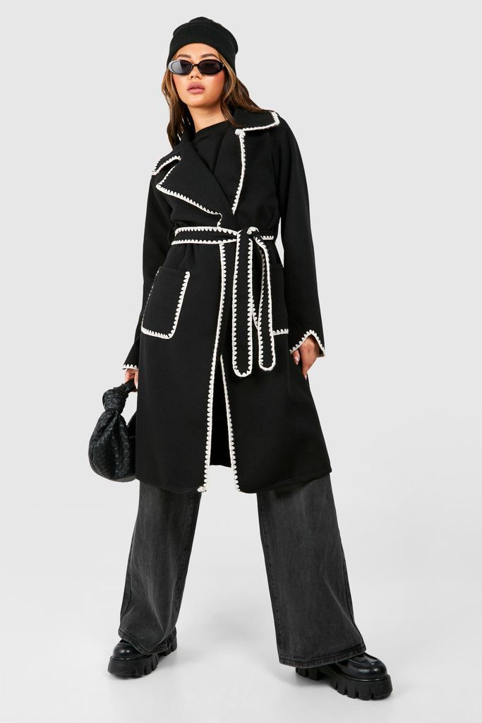 Womens Contrast Blanket Stitch Detail Belted Wool Look Coat - Black - 8, Black