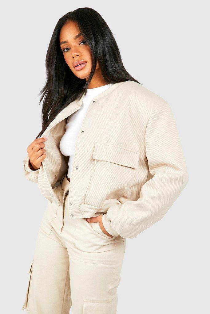 Womens Pocket Detail Wool Look Bomber Jacket - White - S, White
