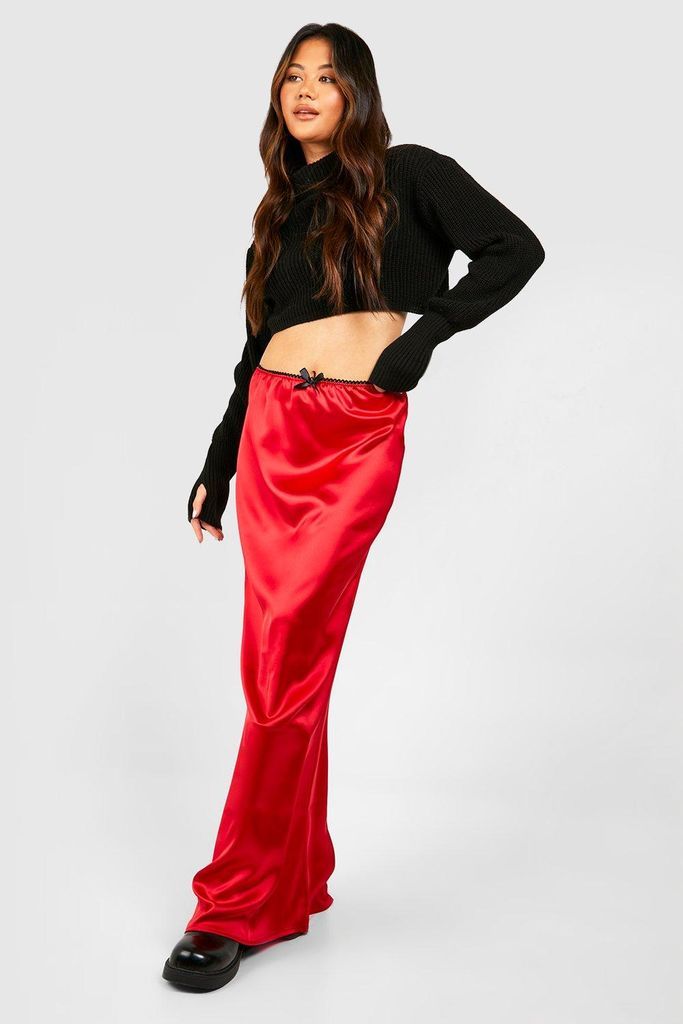 Womens Lingerie Trim Satin Slip Maxi Skirt - Red - 6, Red