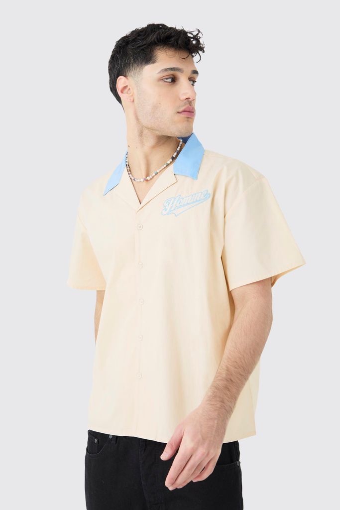 Men's Short Sleeve Boxy Poplin Bowling Back Shirt - Cream - S, Cream
