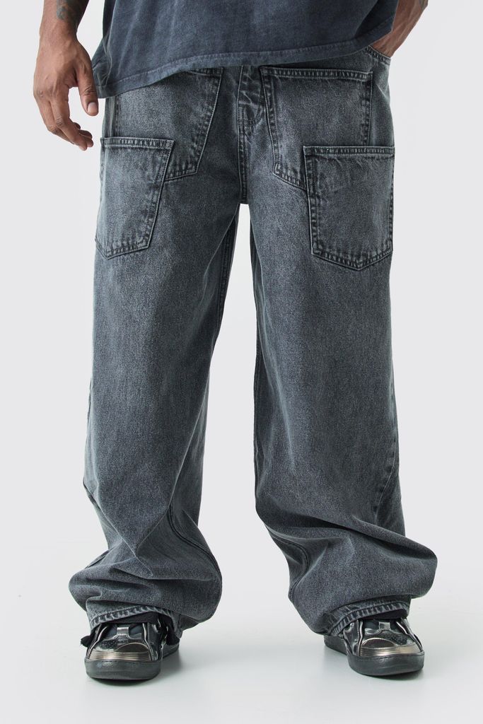 Men's Plus Baggy Rigid Acid Wash Jeans - Grey - 38, Grey