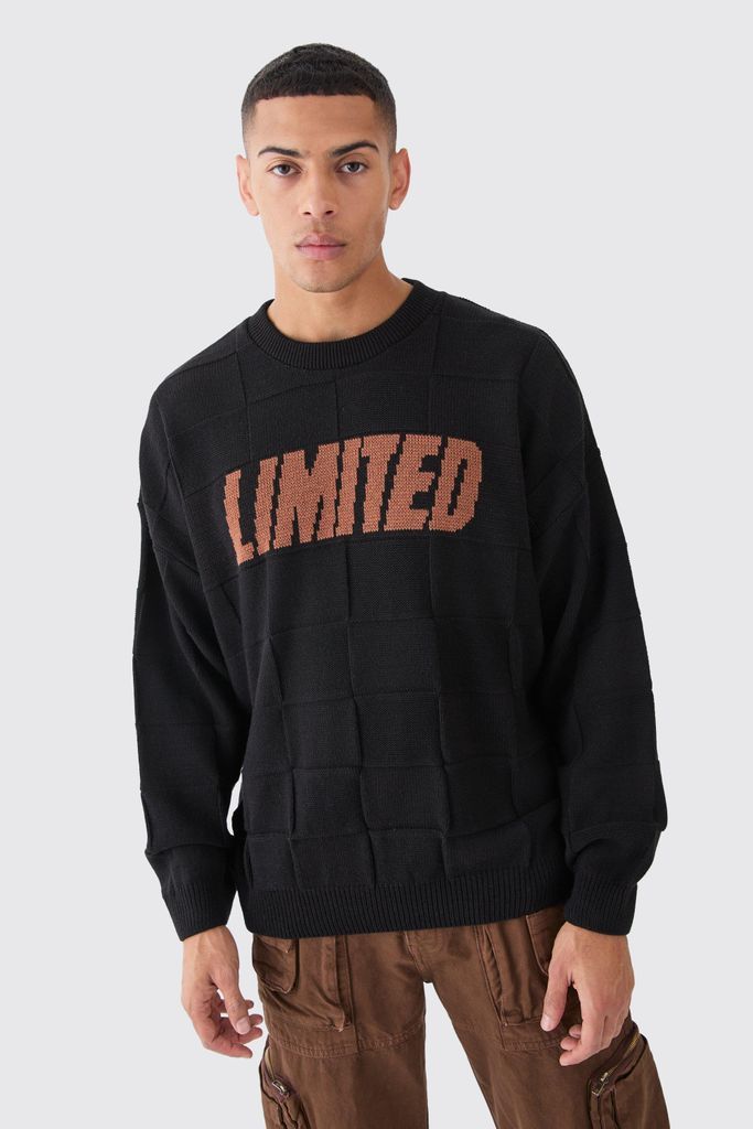 Men's Oversized Textured Knitted Branded Jumper - Black - S, Black