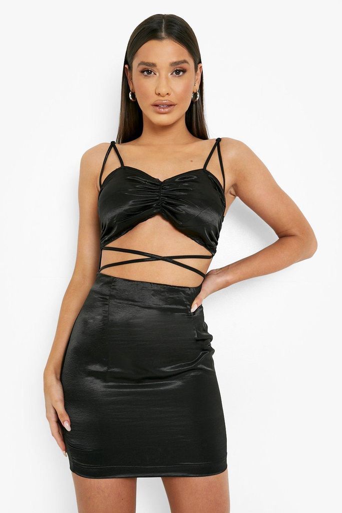 Womens Satin Ruched Detail Strappy Mini Dress - Black - 14, Black