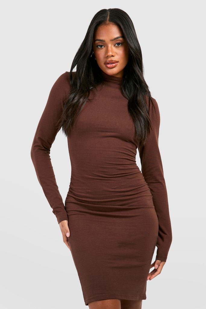 Womens High Neck Ruched Long Sleeve Mini Dress - Brown - 8, Brown