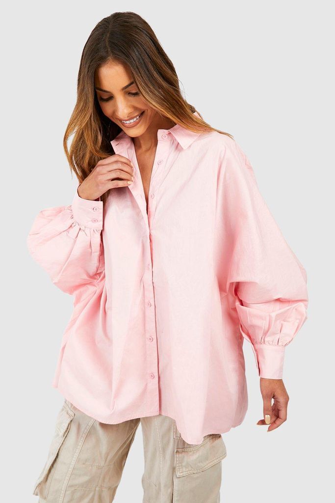 Womens Oversized Volume Sleeve Cotton Poplin Shirt - Pink - 6, Pink