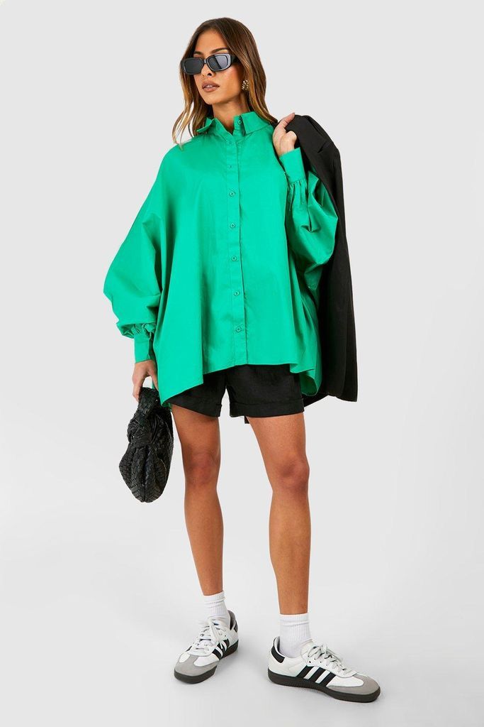 Womens Oversized Volume Sleeve Cotton Poplin Shirt - Green - 6, Green