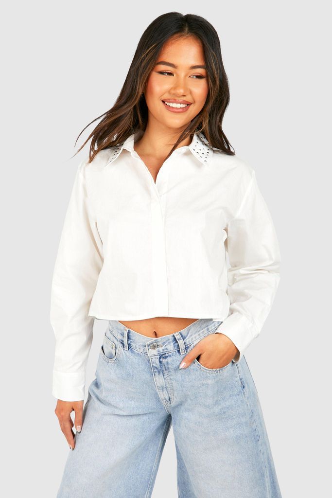 Womens Studded Collar Poplin Shirt - White - 6, White