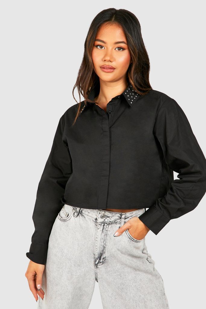 Womens Studded Collar Poplin Shirt - Black - 6, Black