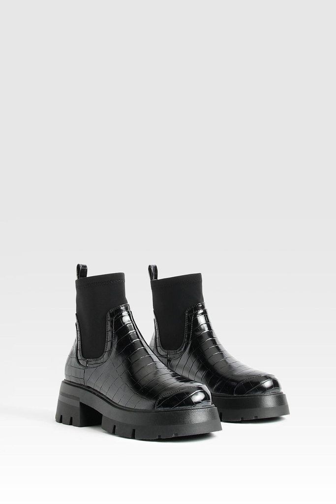Womens Wide Fit Neoprene Panel Croc Chelsea Boots - Black - 3, Black
