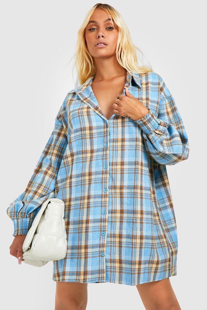 Womens Oversized Shirred Balloon Sleeve Shirt Dress - Blue - 10, Blue