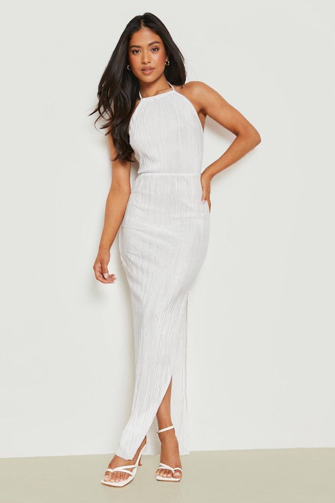 Womens Petite Pastel Plisse Thigh Split Maxi Dress - White - 16, White