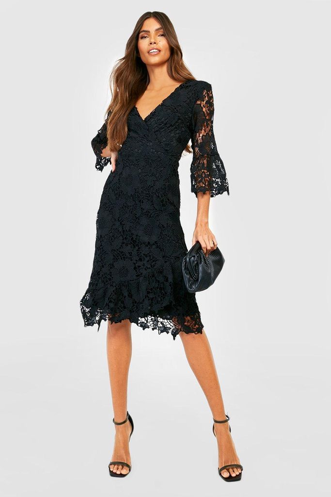Womens Crochet Lace Wrap Midi Dress - Black - 10, Black