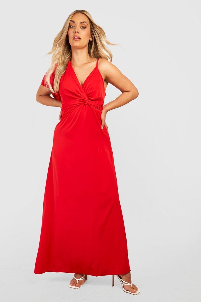 Womens Plus Premium Satin Twist Front Maxi Dress - Red - 18, Red
