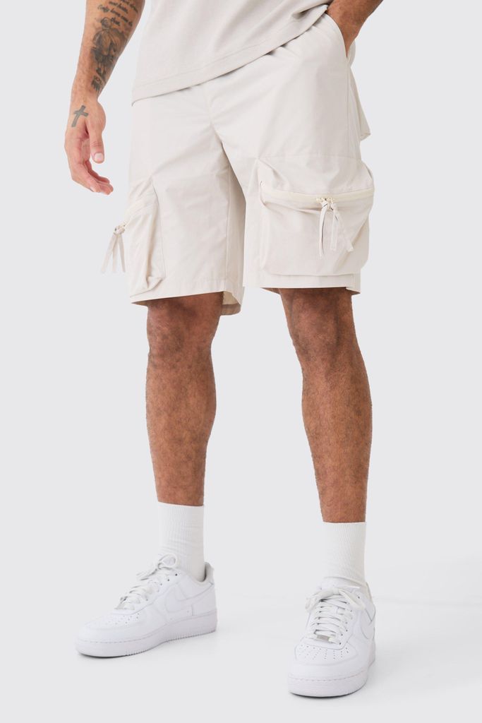 Men's Elastic Waist Relaxed 3D Cargo Shorts - Beige - S, Beige