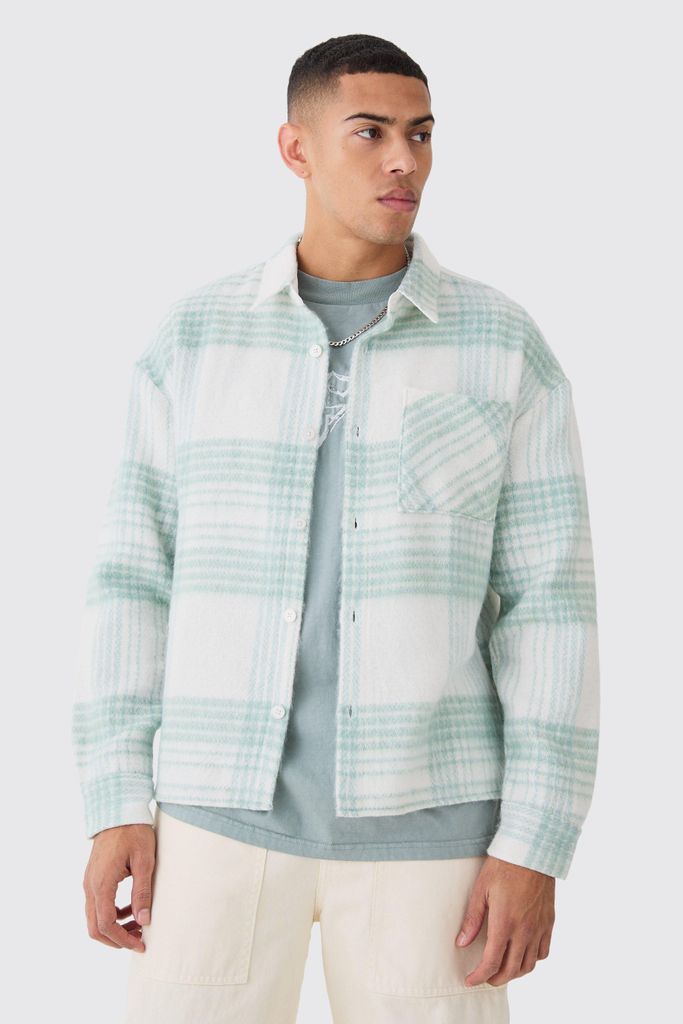 Men's Extreme Heavy Brushed Check Boxy Overshirt - Green - S, Green