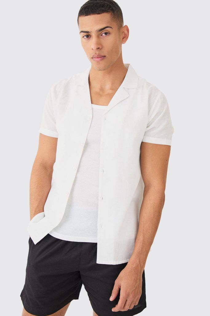 Men's Short Sleeve Linen Shirt - White - S, White