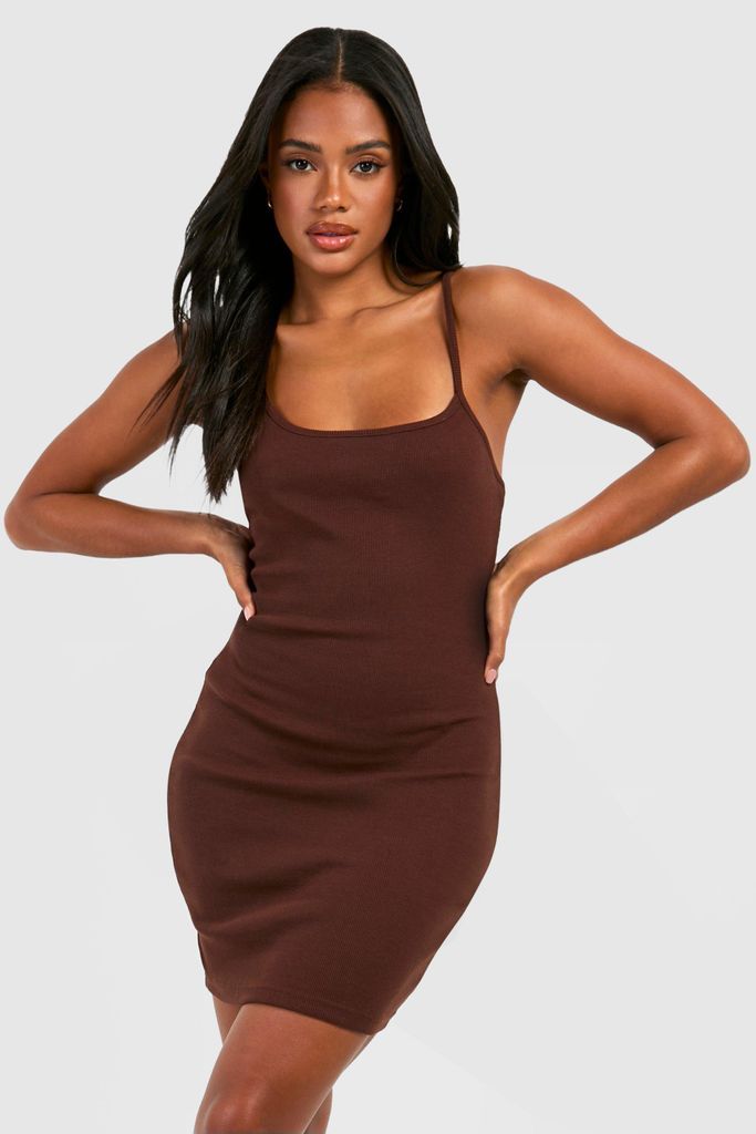Womens Basic Strappy Mini Dress - Brown - 8, Brown