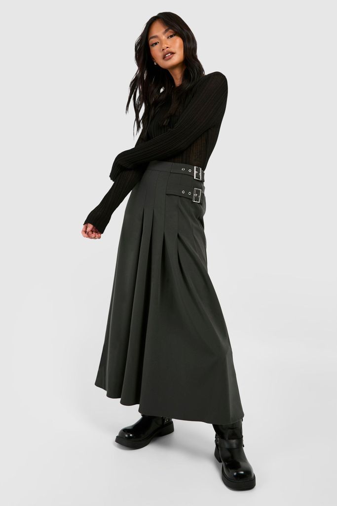 Womens Belt Detail Midi Kilt Skirt - Grey - 6, Grey