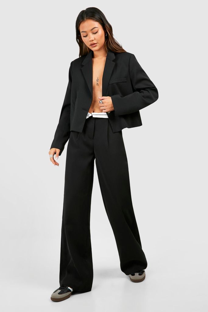 Womens Contrast Waistband Wide Leg Tailored Trousers - Black - 6, Black