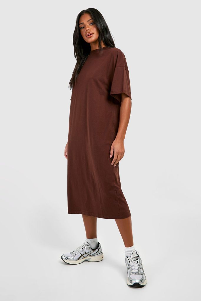 Womens Cotton Super Oversized Midi T-Shirt Dress - Brown - 8, Brown