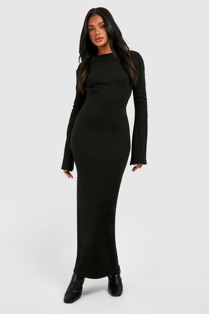 Womens Flare Sleeve Rib Long Sleeve Maxi Dress - Black - 8, Black